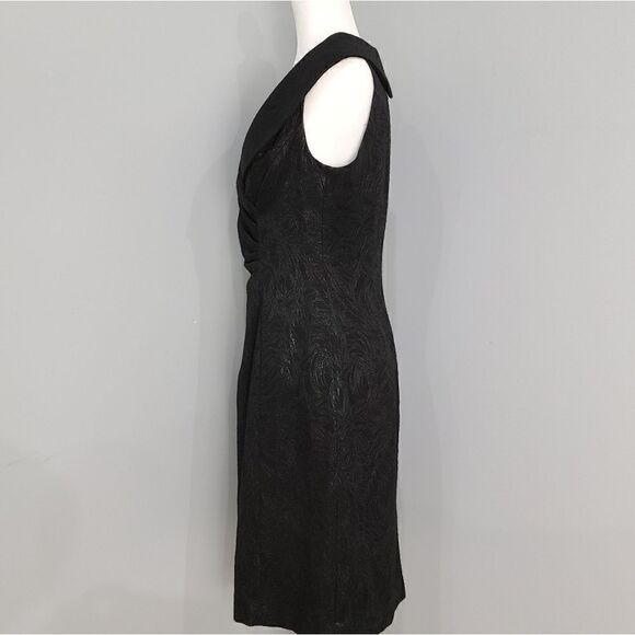 Tahari-Black Shiny PORTRAIT COLLAR Jacquard SHEATH DRESS Party Cocktail Woman 6 - Picture 4 of 16